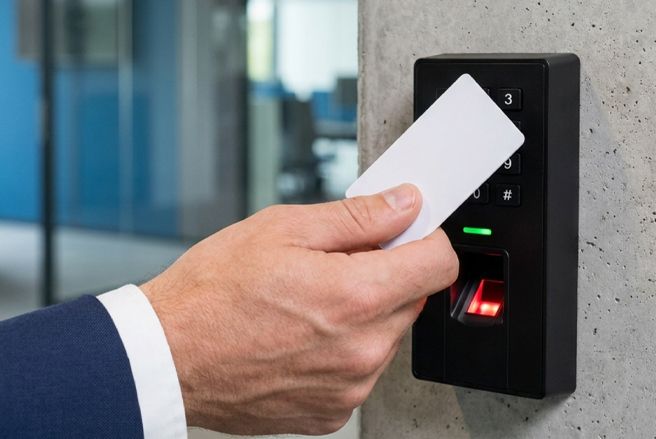 Hand presenting a keycard to a wall-mounted reader with fingerprint scanner