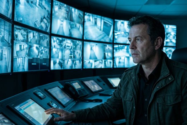Security professional monitoring a wall of surveillance screens in a control room