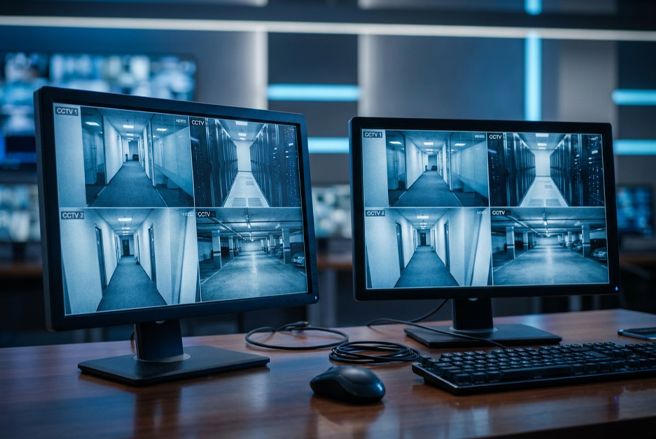 Security operator workstation with CCTV monitors showing live camera feeds